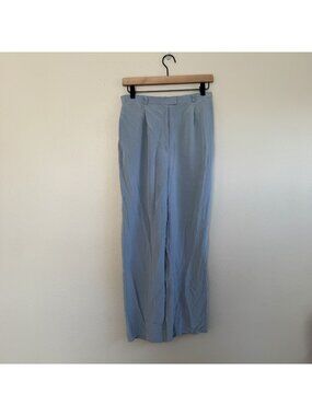 Rena Rowan Vintage 100% Silk Wide Leg Trousers Textured Blue Jacquard Pants Size